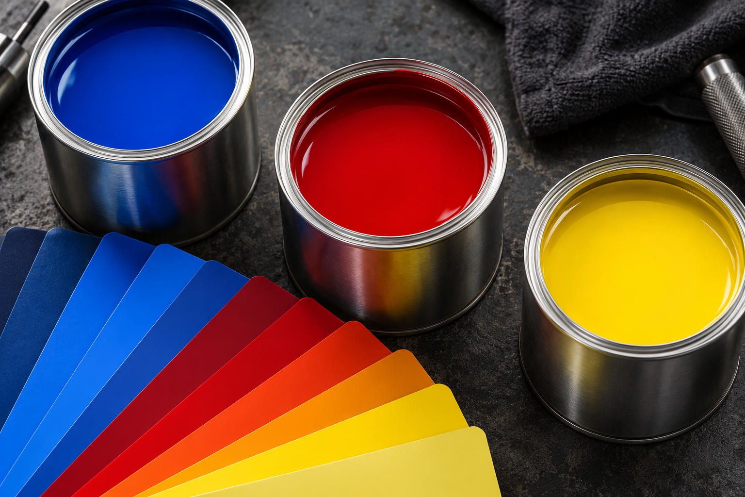 Colourful paint tins and a colour fan on a mixing workbench